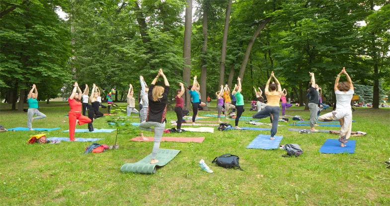 Group Yoga Class facing Taj Mahal Image